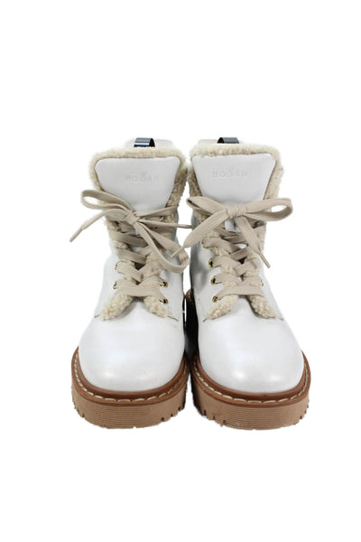 Hogan Womens Lace Up Block Heel Ankle Boots White Beige Leather Size 37