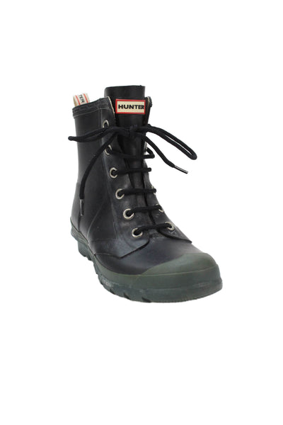 Hunter Womens Lace Up Briken Rain Ankle Boots Black Green Size 6