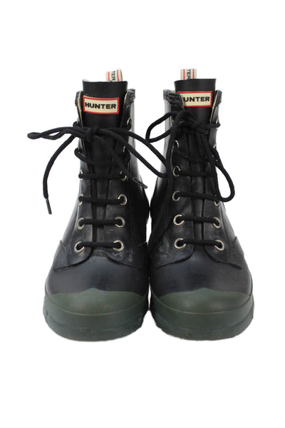 Hunter Womens Lace Up Briken Rain Ankle Boots Black Green Size 6