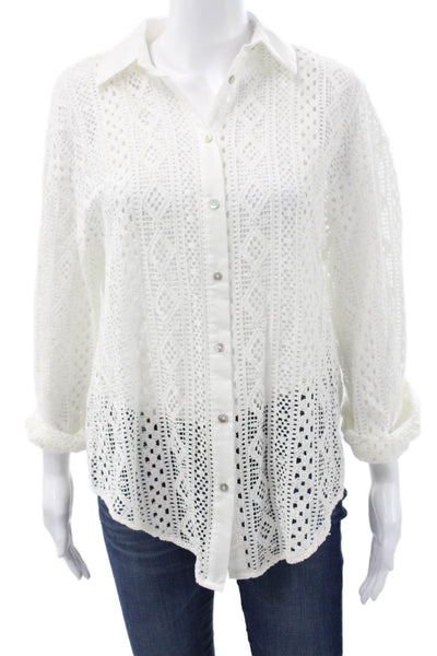 Zara Women White Geometric Collared Long Sleeve Button Up Top Basic Size XS