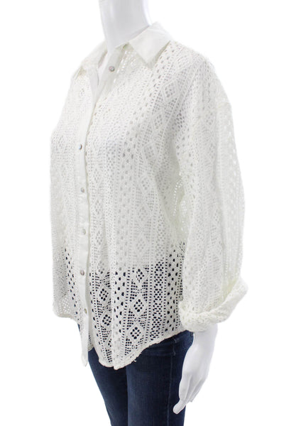 Zara Women White Geometric Collared Long Sleeve Button Up Top Basic Size XS