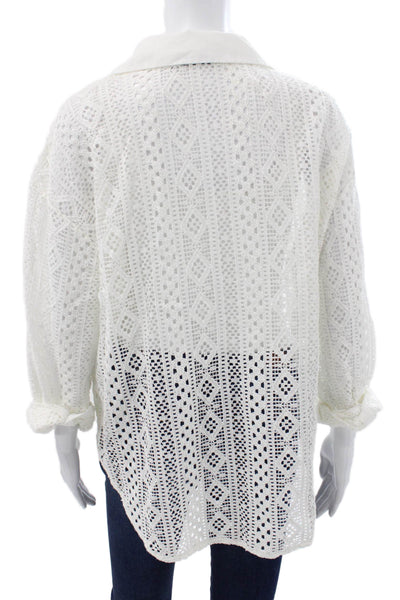 Zara Women White Geometric Collared Long Sleeve Button Up Top Basic Size XS