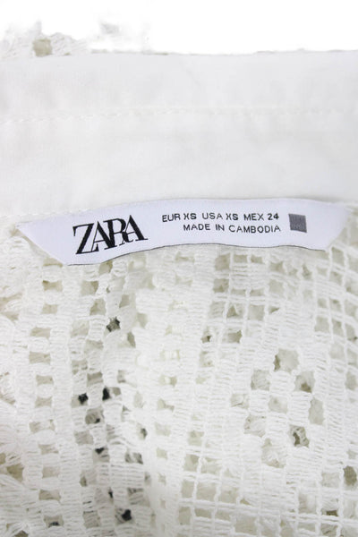 Zara Women White Geometric Collared Long Sleeve Button Up Top Basic Size XS