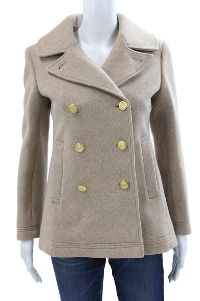 J Crew Women Pea Coat Beige 79% Wool 21% Nylon Collared Long Sleeve Size 2P
