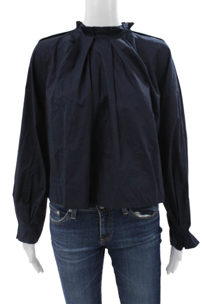 Banana Republic Women Cropped High Neck Blouse Blue Long Sleeve Petite Size XS