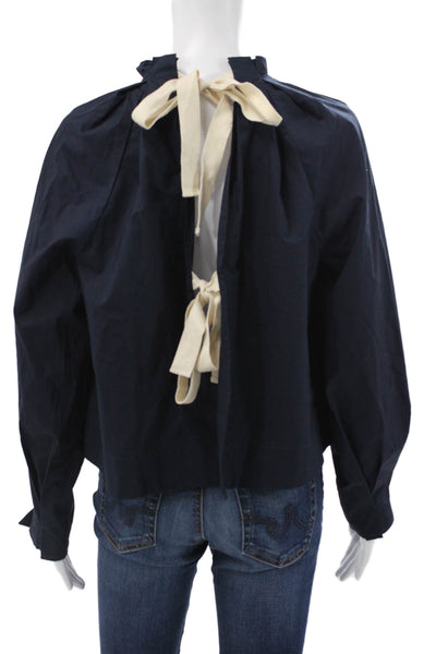 Banana Republic Women Cropped High Neck Blouse Blue Long Sleeve Petite Size XS