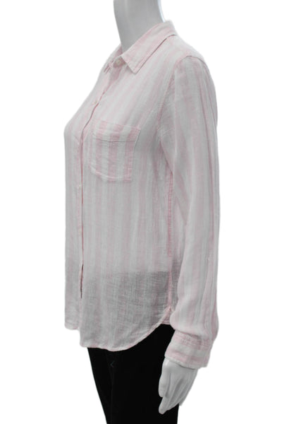 Rails Women Linen Striped Collared Button-Up Long Sleeve Top Pink Size XS