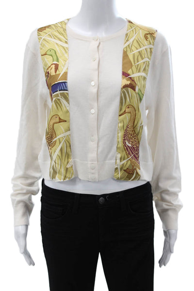 J Crew Women Cardigan Ivory Cashmere Button Animal Print Long Sleeve Size M