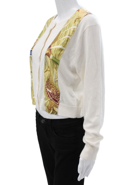 J Crew Women Cardigan Ivory Cashmere Button Animal Print Long Sleeve Size M