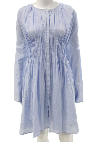 Merlette Women Shirt Dress Blue Cotton Long Sleeve Mini Boho Round Neck Size M
