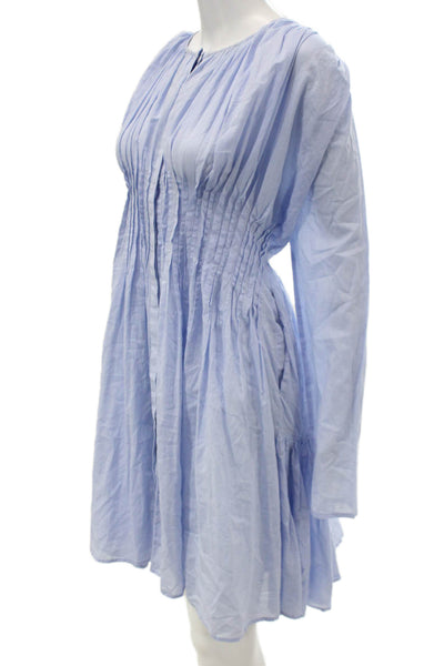 Merlette Women Shirt Dress Blue Cotton Long Sleeve Mini Boho Round Neck Size M