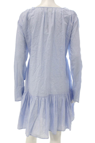 Merlette Women Shirt Dress Blue Cotton Long Sleeve Mini Boho Round Neck Size M