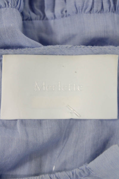 Merlette Women Shirt Dress Blue Cotton Long Sleeve Mini Boho Round Neck Size M