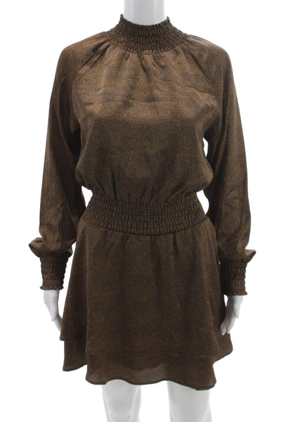 Allison Women Blouson Polka Dot Brown Long Sleeve High Neck Dress Size XS