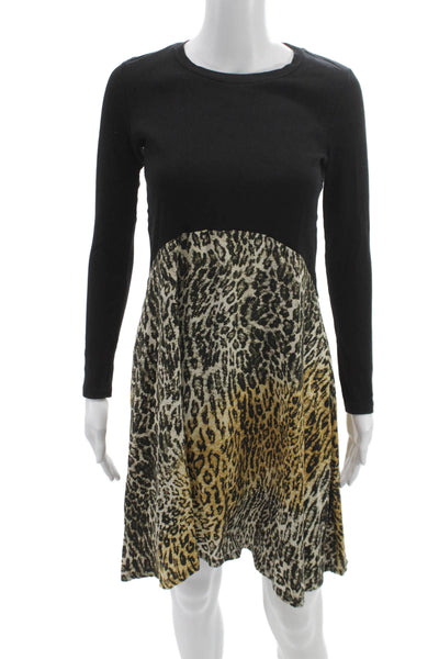 Zara Womens Fit & Flare Mini Dress Black Animal Print Long Sleeve Size S