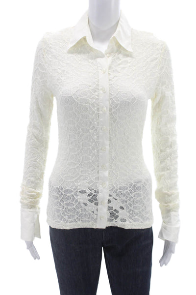 Anne Fontaine Women Ivory Lace Collared Button Up Blouse Longsleeve Size 38