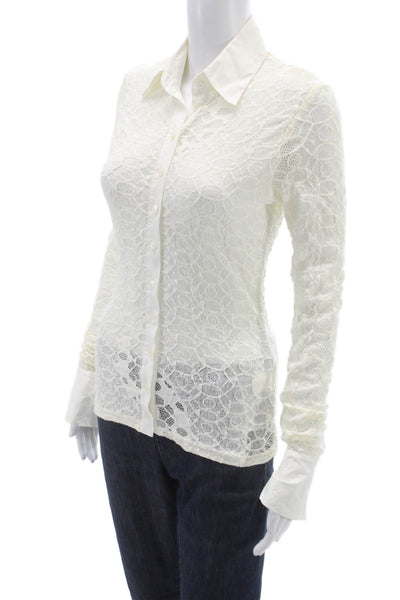 Anne Fontaine Women Ivory Lace Collared Button Up Blouse Longsleeve Size 38