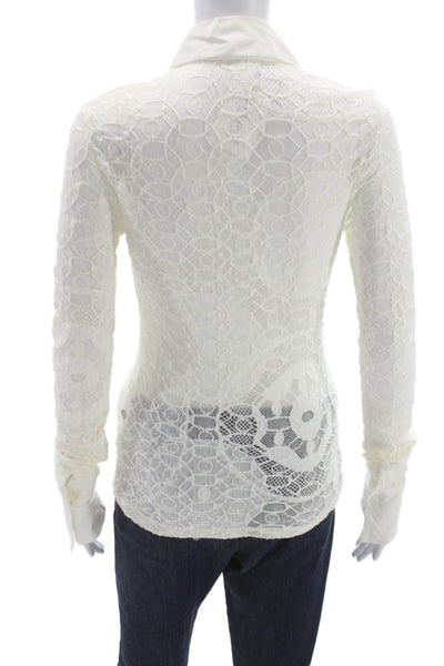 Anne Fontaine Women Ivory Lace Collared Button Up Blouse Longsleeve Size 38