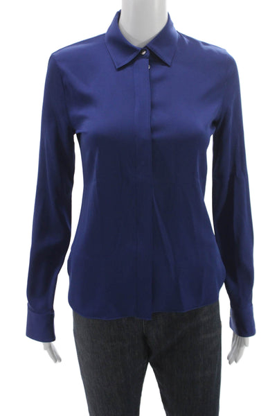 Theory Womens Petite Silk Button-Up Blouse Long Sleeve Blue Basic Size XS