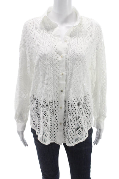 Zara Women White Collared Long Sleeve Geometric Polyester Button-Up Size XS