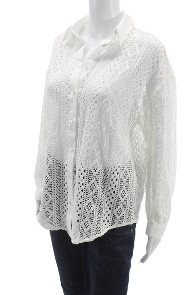 Zara Women White Collared Long Sleeve Geometric Polyester Button-Up Size XS