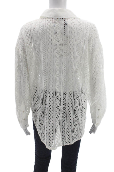 Zara Women White Collared Long Sleeve Geometric Polyester Button-Up Size XS