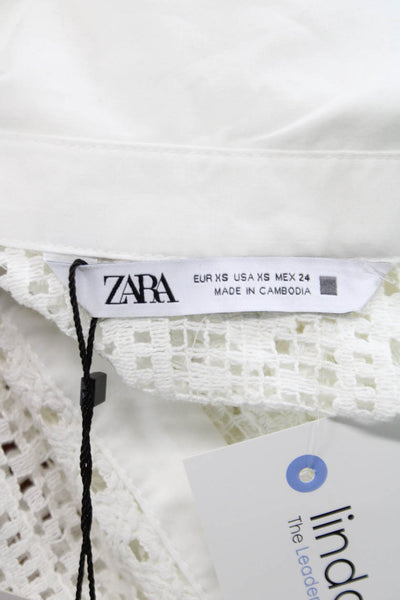 Zara Women White Collared Long Sleeve Geometric Polyester Button-Up Size XS