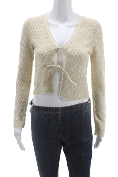 MNG Women Cardigan Beige Cotton V Neck Geometric Long Sleeve Shimmer Size S