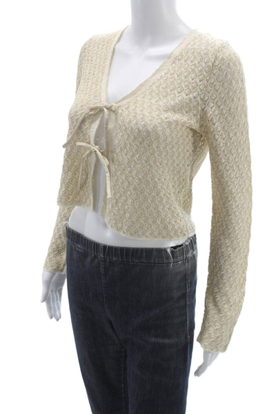 MNG Women Cardigan Beige Cotton V Neck Geometric Long Sleeve Shimmer Size S