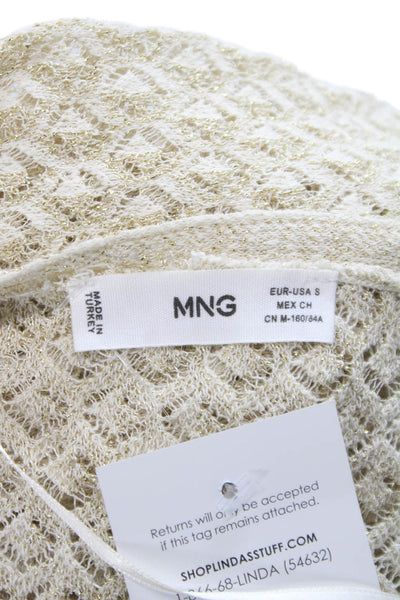 MNG Women Cardigan Beige Cotton V Neck Geometric Long Sleeve Shimmer Size S