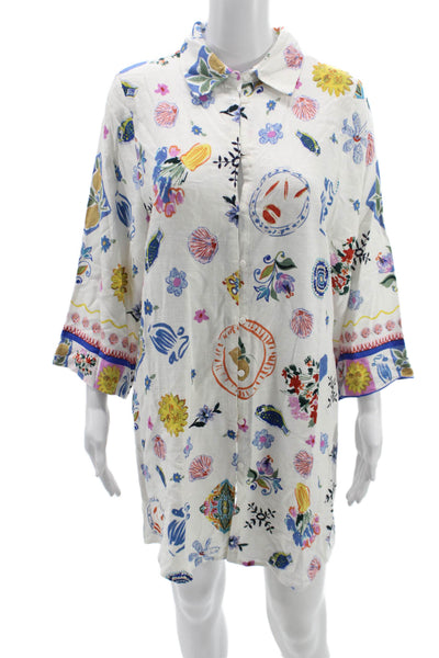 Label of Love Womens Shirt Dress White Floral 3/4 Sleeve Button Size M