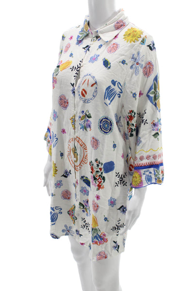 Label of Love Womens Shirt Dress White Floral 3/4 Sleeve Button Size M