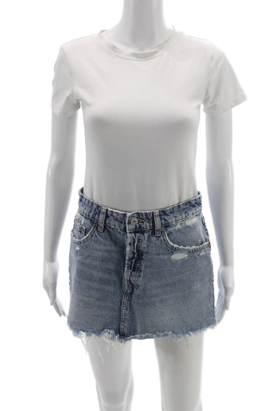 Zara Women Mini Distressed Cotton Skirt Blue Button Size S