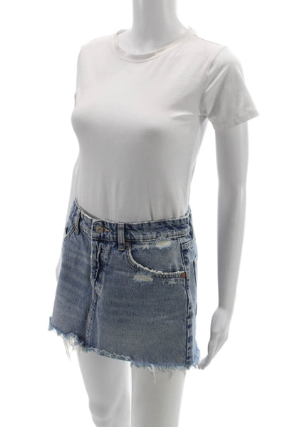 Zara Women Mini Distressed Cotton Skirt Blue Button Size S