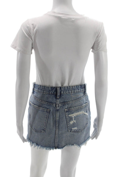Zara Women Mini Distressed Cotton Skirt Blue Button Size S