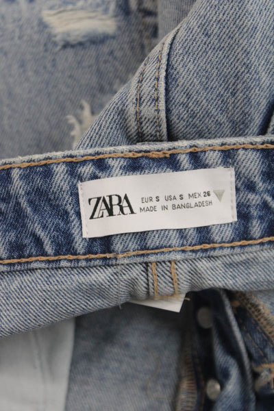 Zara Women Mini Distressed Cotton Skirt Blue Button Size S