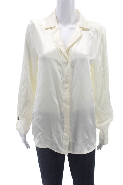 Nanette Lepore Womens Silk Collared Long Sleeve Blouse Ivory Button Size S