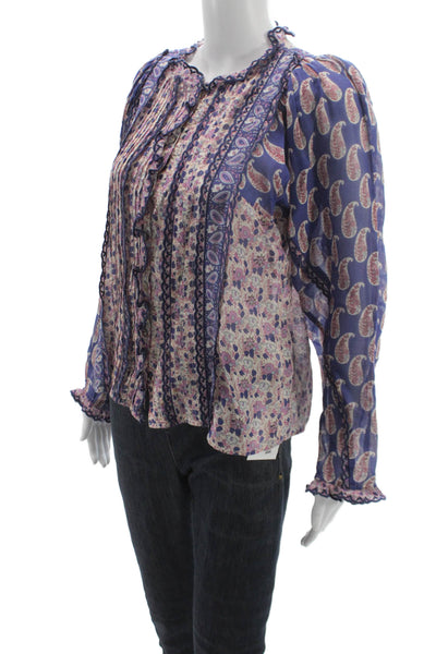 Sea New York Women Floral Cotton Round Neck Long Sleeve Blouse Boho Size 4