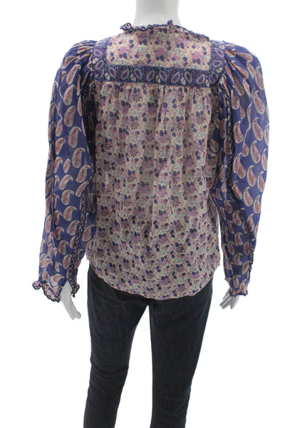 Sea New York Women Floral Cotton Round Neck Long Sleeve Blouse Boho Size 4