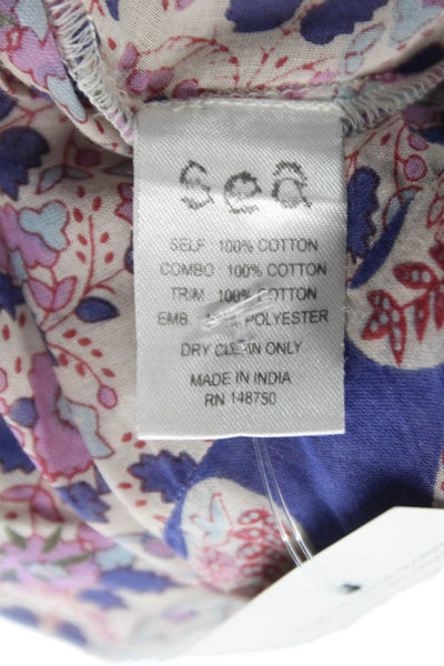 Sea New York Women Floral Cotton Round Neck Long Sleeve Blouse Boho Size 4