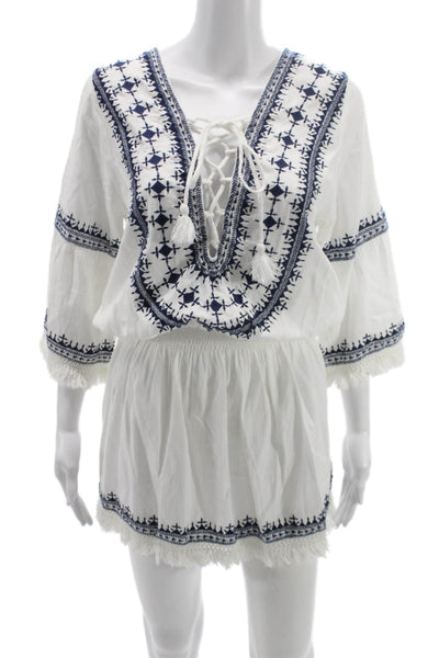 Melissa Odabash Women Kaftan Dress White V-Neck 3/4 Sleeve Linen Cotton Size S