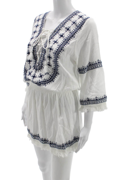 Melissa Odabash Women Kaftan Dress White V-Neck 3/4 Sleeve Linen Cotton Size S