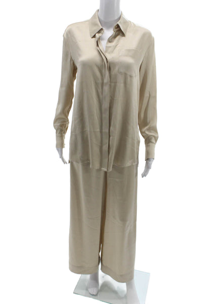 Toccin Women Beige Collared Pajama Pants Set Long Sleeve Size XS