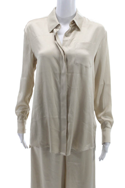 Toccin Women Beige Collared Pajama Pants Set Long Sleeve Size XS