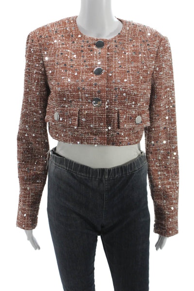 Toccin Unisex Adults Cropped Jacket Brown Check Sequin Button Polyester Size 2