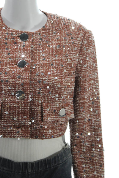 Toccin Unisex Adults Cropped Jacket Brown Check Sequin Button Polyester Size 2