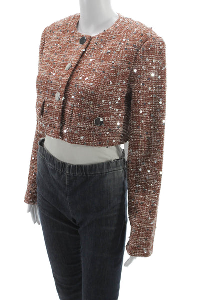 Toccin Unisex Adults Cropped Jacket Brown Check Sequin Button Polyester Size 2