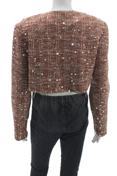 Toccin Unisex Adults Cropped Jacket Brown Check Sequin Button Polyester Size 2