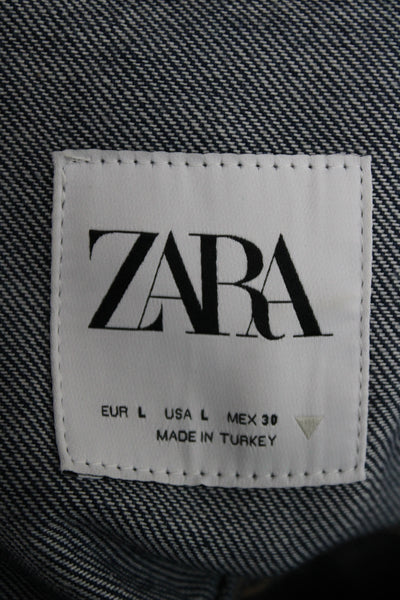 Zara Women Basic Jacket Blue Cotton Button Long Sleeve Casual Size L