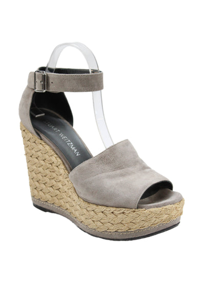 Stuart Weitzman Womens Wedge Heel Platform Ankle Strap Sandals Gray Suede 8.5M